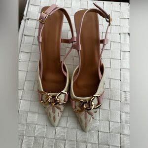 Stunning Pink & White Kitten Heels with Gold Buckle Detail